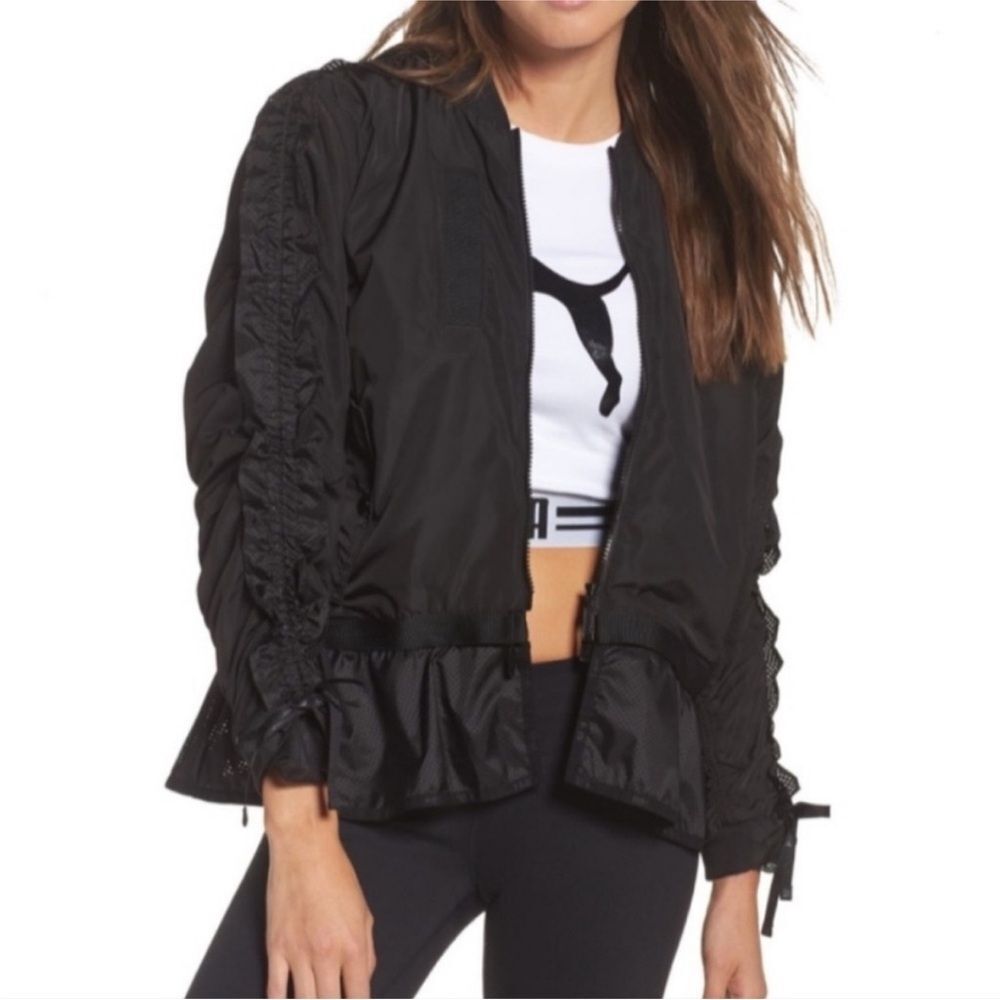 Puma Xtreme Frill Bomber Jacket Black Ruched Tie Sleeves Zip Off Frill Hem XL